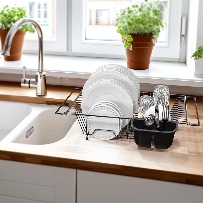 SIMPLE HOUSEWARE Large Over Sink Counter Top Stainless Steel Dish Drainer Drying Rack with Utensil Holder, Black