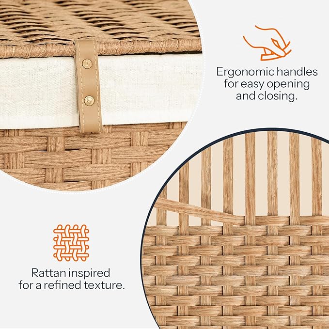 HOOBRO Storage Basket with Lid, 52.8 Gallon (200L) Wicker Basket, Handwoven Blanket Storage Basket with Handles, Metal Frame and Soft Lining, Foldable for Bedroom, Laundry Room, Natural NL220CW01