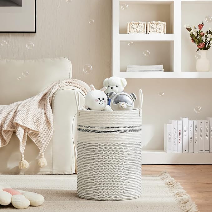 VIPOSCO Large Laundry Hamper, Tall Woven Rope Storage Basket for Blanket, Toys, Dirty Clothes in Living Room, Bathroom, Bedroom - 58L Stripe White
