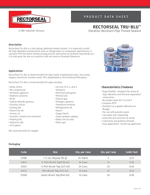 Rectorseal 31631 1/4 Pint Brush Top Tru-Blu Pipe Thread Sealant , Blue