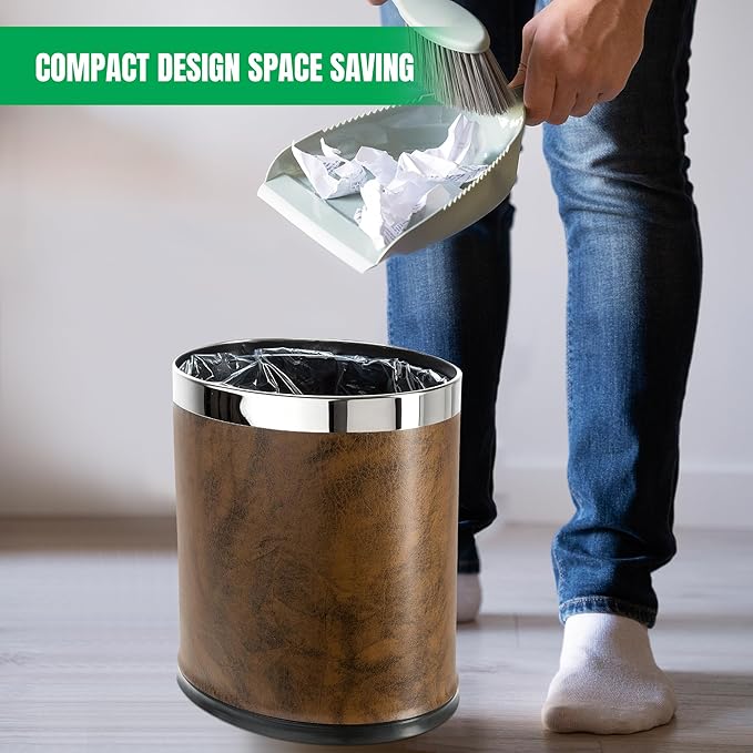 'Invisi-Overlap' Open Top Leatherette Trash Can, Small Office Wastebasket, Modern Home Décor, Oval Shape (Brown)