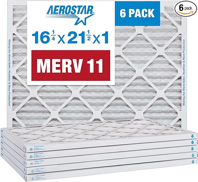 Aerostar 16 1/4x21 1/2x1 MERV 11 Pleated Air Filter, AC Furnace Air Filter, 6 Pack (Actual Size: 16 3/8" x 21 1/2" x 3/4")