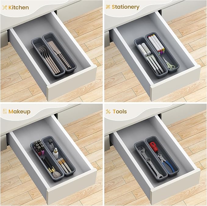 2 Pack Silicone Silverware Drawer Organizer, DIY Free Combination Kitchen Drawer Organizer, Utensil Organizer, Moisture-proof and Heat-resistant up to 200°C, Anti-slip and Environmentally (Grey)