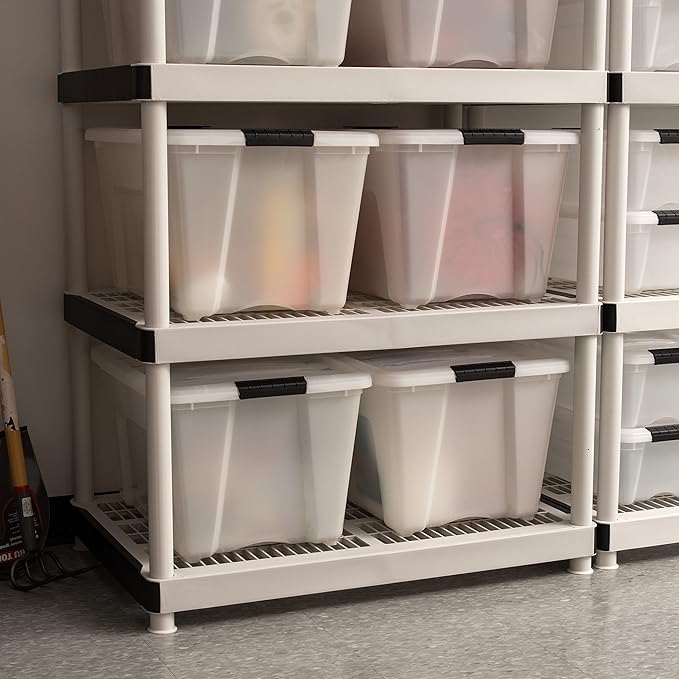 IRIS USA 54 Qt Stackable Plastic Storage Bins with Lids, 4 Pack - BPA-Free, Made in USA - Discreet Organizing Solution, Latches, Durable Nestable Containers, Secure Pull Handle - Pearl