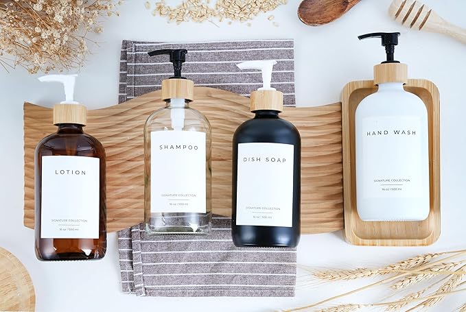 Emerson Soap Dispenser, Dish Soap Dispenser for Kitchen, Soap Dispenser Bathroom Set, Hand Soap Dispenser, Kitchen Soap Dispenser Set - Glass Soap Dispenser with Pump and Labels, 16 Oz, 2 Pack