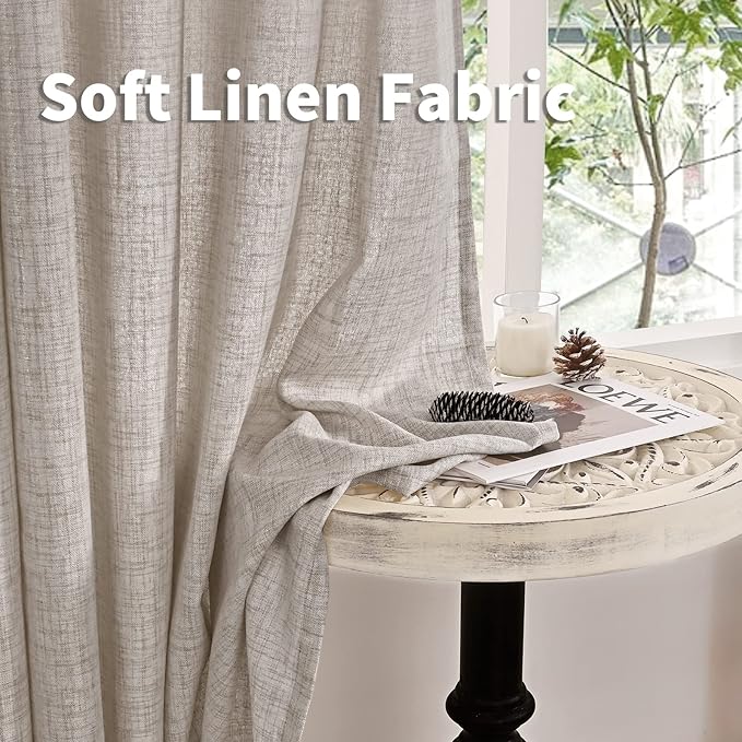 YoungsTex Natural Linen Curtains 84 Inch Length 2 Panels Rod Pocket Light Filtering Textured Window Drapes with Ring Clips for Living Room Dining Bedroom, 38 X 84 Inches