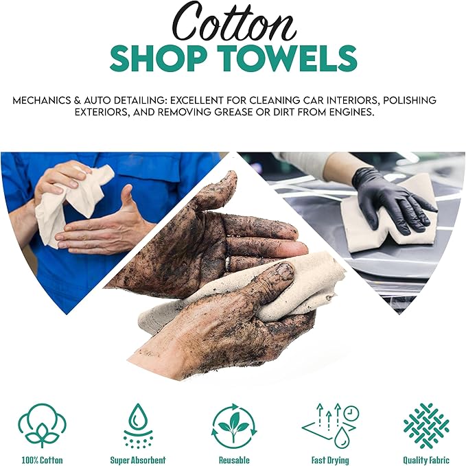 ZUPERIA Cotton Shop Towel – Multipurpose Cleaning Cloths (14" x 12" - Pack of 500 - White) Reusable Shop Rags for Automobiles, Industrial, Restaurants, Garage, and Homes