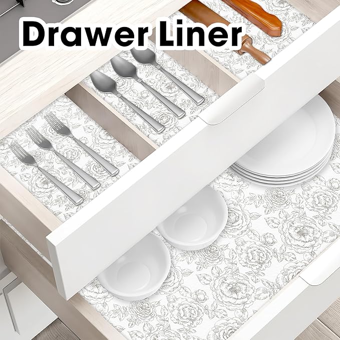 Drawer and Shelf Liner for Kitchen Cabinets Non-Adhesive, Non-Slip Cabinet Liner Shelf Paper Strong Grip Waterproof Easy to Clean for Kitchen Shelves Cupboard, Flower,17.5IN X 20FT