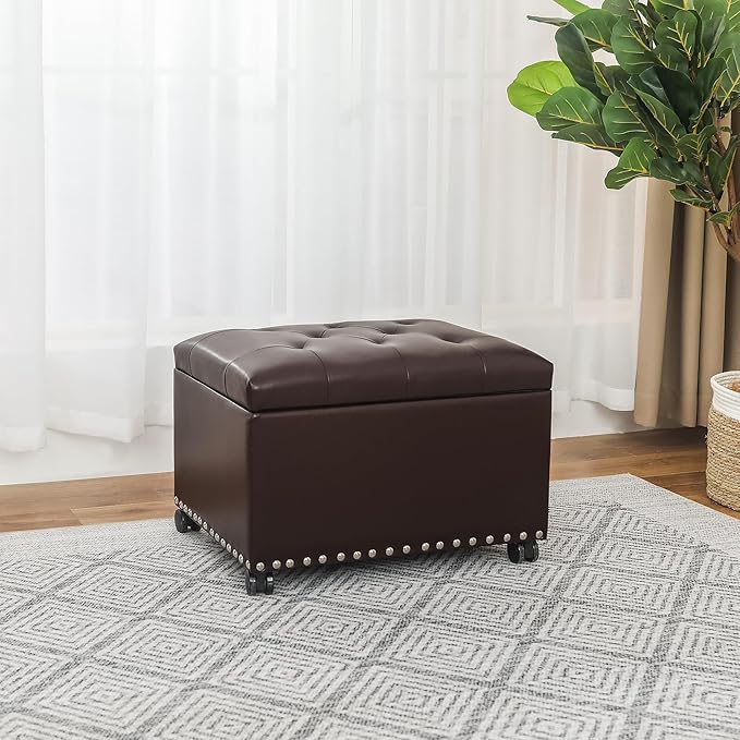 Joveco Leather Storage Ottoman with 360° Caster Wheels 24" Foot Rest Bench Rectangle Ottomans Stool for Living Room Bedroom (Brown, Wheels)