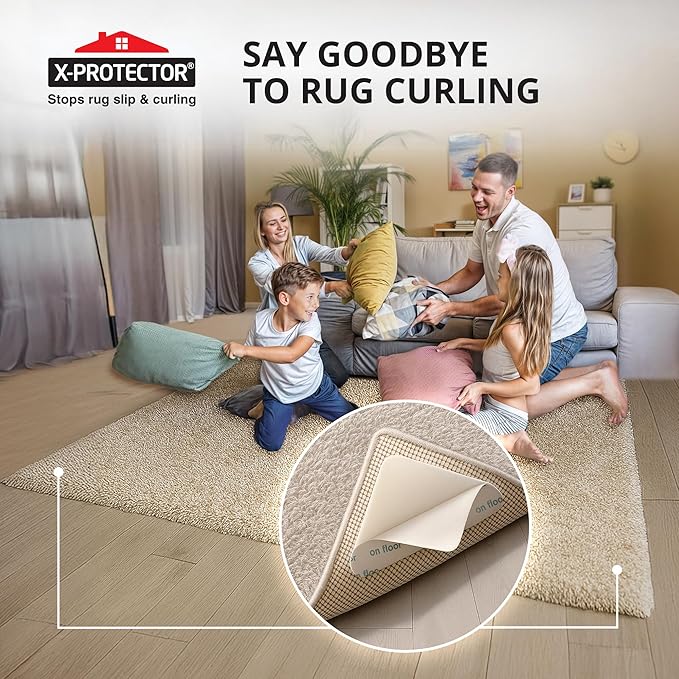 X-Protector Rug Tape - 8 Pcs Set - White Anti-Slip & Anti-Curling Carpet Tape for Hard Floors - Premium Rug Pad Gripper - Ideal Carpet Corner Grippers to Keep Your Carpet in Place & Make Corners Flat