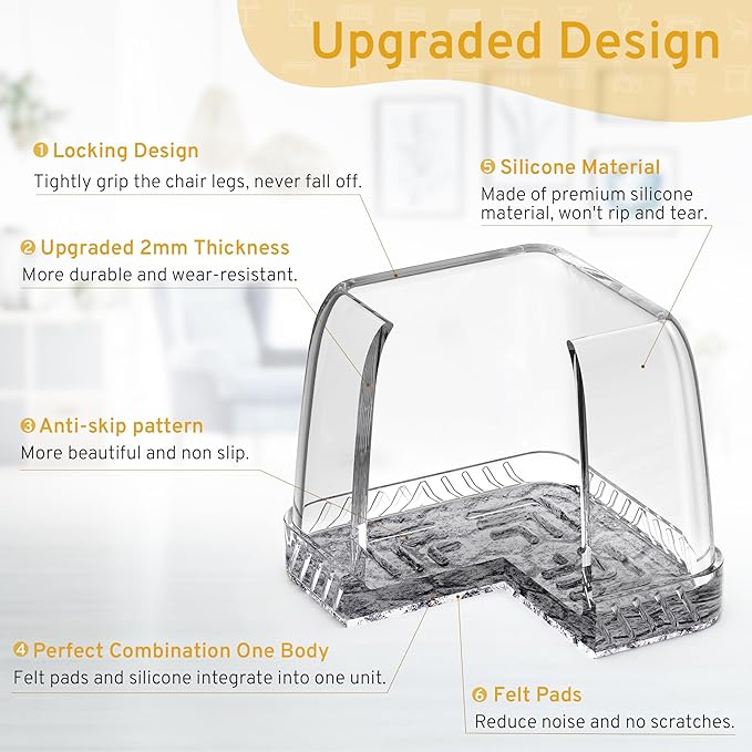 24PCS Square Chair Leg Floor Protectors, Furniture Sliders, Chair Leg Protectors for Hardwood Floors, Non-Slip Felt Furniture Pads, Silicone Cap Covers to Protect Floors, (Fit 0.75" - 1.1")