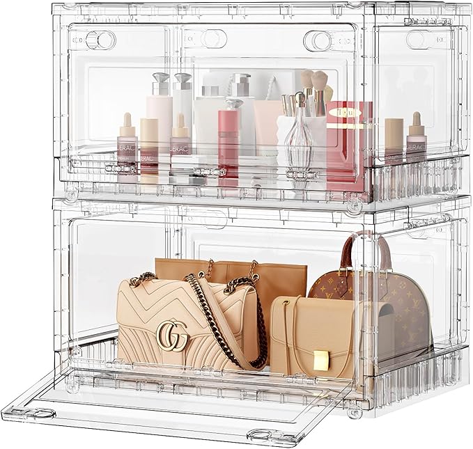 BROVIEW Clear Stackable Storage Bins Drawers, Open Front Large Plastic Storage Bins with Lids, Foldable Closet Organizers and Storage for Wardrobe Cabinets, Pantry, Makeup,2 Pack