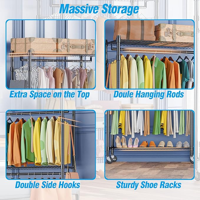 Homdox Rolling Garment Rack with Double Rod, Heavy Duty Clothing Rack with Shelves, Portable Clothes Rack, Free Standing Wardrobe Rack, with Lockable Wheels & Hanging Hooks, Max Load 450 LBS, Black
