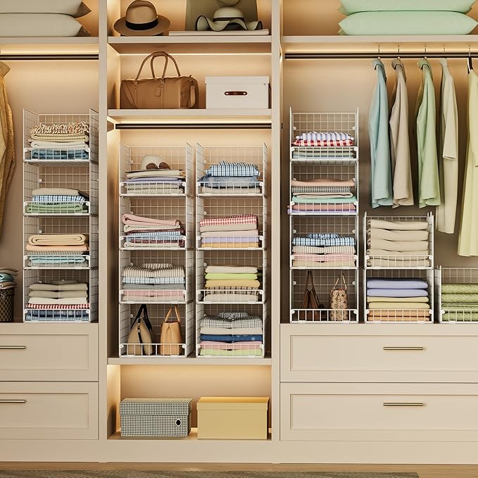 Stackable Closet Organizers and Storage - 4-Tier Stackable Storage Bins, Foldable Closet Shelf Organizer Basket, Clothes Organizers and Storage Shelves for Home Bedroom Closet Organizer System