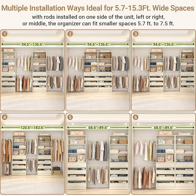 Aheaplus Closet System, 6-15Ft Closet Organizer with 8 Wooden Drawers, Wood Closet Organizer System with Tower, Walk-in Closet Organizer Wardrobe Garment Clothes Rack with 4 Hanging Rods, White Oak