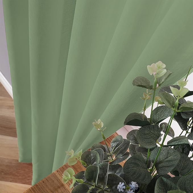 Tollpiz Short Sheer Curtains Linen Textured Living Room Curtain Sheers Light Filtering Rod Pocket Voile Curtains for Bedroom, 42 x 45 inches Long, Sage Green, Set of 2 Panels