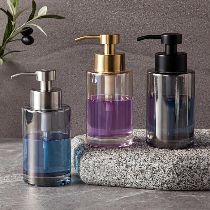 Enra Thick Glass Soap Dispenser with Stainless Steel Pump, 12oz Bathroom & Kitchen (Silver)
