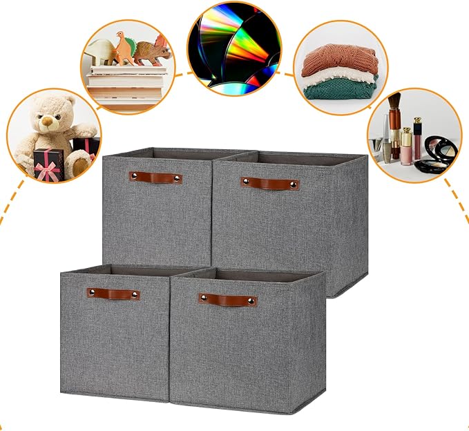 DULLEMELO Fabric Storage Cubes,13 inch Cube Stroage Bins for Empty Gift Basket,Toys Nursery Clothes Storage Linen Closet Organizers and Storage Baskets Shelves Bins(Grey-4 Pack)