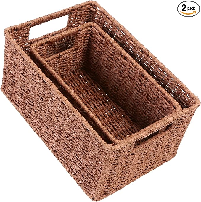 HOONEX Woven Baskets for Storage, Paper Rope Baskets with Sturdy Metal Wire Frame, Baskets for Shelves, Set of 2, Dark Brown