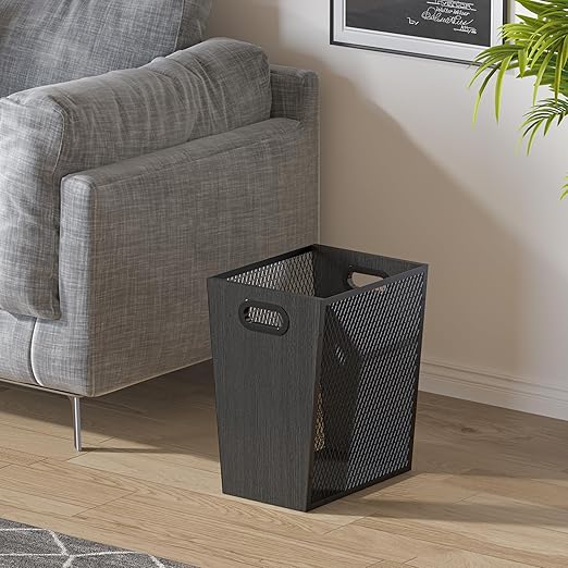 Piskyet Black Office Trash Can for Near Desk,7 Gallon Unique Wood Bedroom Garbage Can,Vintage Wastebasket with Handle, Decorative Trash Can for Home Office,12.2" L x 9.6" W x 14.9" H