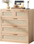 LEYAOYAO Rattan Dresser for Bedroom, 33.5" Tall Chest of Drawers, Modern 5 Drawers Boho Dressers with Storage, Light Oak Dresser Wooden Closet Organizer for Living Room, Hallway, Natural Wood