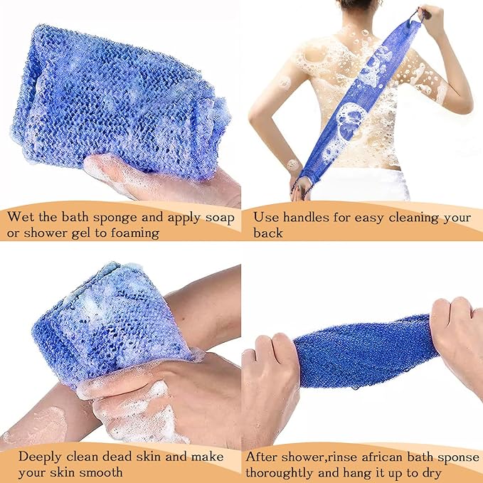 Dr.Pedi 3 Pieces African Net Sponge with Handles Long African Exfoliating Net Washcloth Bath Sponge Net Cloth Wash Net Body Back Scrubber for Shower Loofah