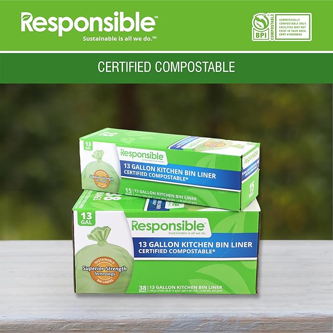 Responsible Products Kitchen Bin Liners, Certified Compostable, Heavy Duty Multipurpose Food Scrap Bags, Made from Compostable Materials (13 Gallon, 13 Gallon (15 Count))
