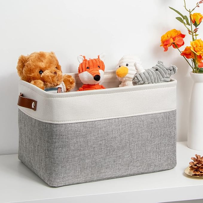 DULLEMELO Collapsible Rectangle Storage Basket for Shelves/Closets - Organize Clothes, Toys, Towels, Books, Laundry, Nursery, Dog Toys - Empty (White & Gray)