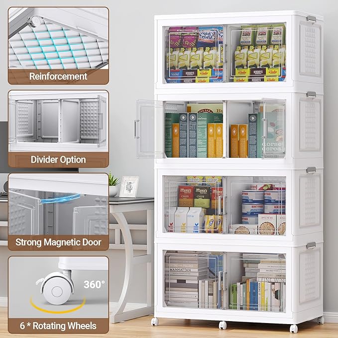 BROVIEW 800 Qt Plastic Storage Bins with Lid, Doors & Wheels, 4Pack Extra Large Stackable Collapsible Storage Bins, Closet Organizers and Storage Drawer, Foldable Cabinets for Home Office, White