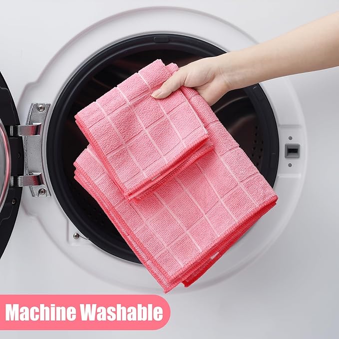Homaxy Microfiber Kitchen Towels and Dishcloths Set, 16 Pack Soft and Absorbent Dish Hand Towels Bulk, 28 x 16 Inch & 12 x 12 Inch Quick Drying Rags for Washing Dishes, Pink