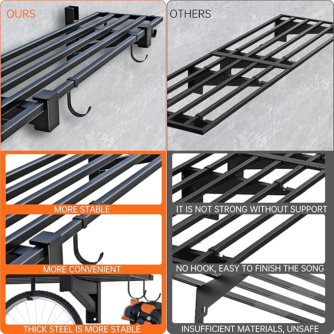 1-Pack Garage Wall Shelving,Heavy Duty Garage Storage Shelves, Wall Mounted Storage Shelving with 6 Hooks, 250LB Capacity, Black