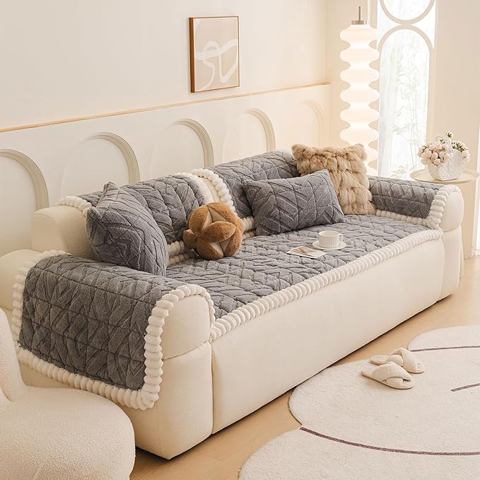 OTOB Couch Covers for 3 Cushion Couch Sofa Pet Friendly, Washable & Non Slip Geometric Jacquard Modern Plush Fuzzy Sofa Slipcovers Protector, All Season Soft Pet Couch Cover (Gray, 27.6"x82.7")