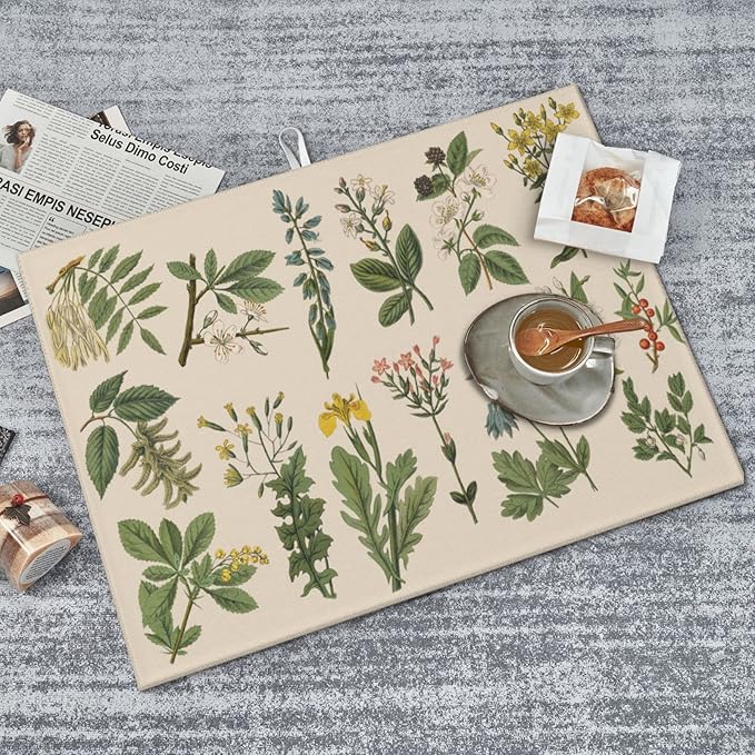 Vintage Color Plants Herbs Floral Microfiber Dish Drying Mat For Kitchen Countertop Xl Absorbent Reversible Drainer Rack Pad Extra Large 18 X 24 Inch