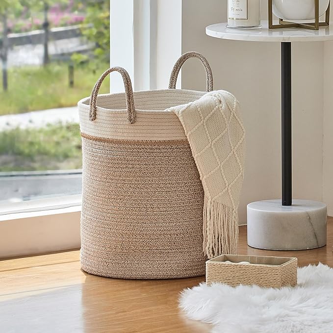 LA JOLIE MUSE Woven Basket Rope Storage Baskets - Large Cotton Organizer 16 x 14 x 14 Inches, Basket for Baby Blanket, Kids Toy Nursery Laundry Basket