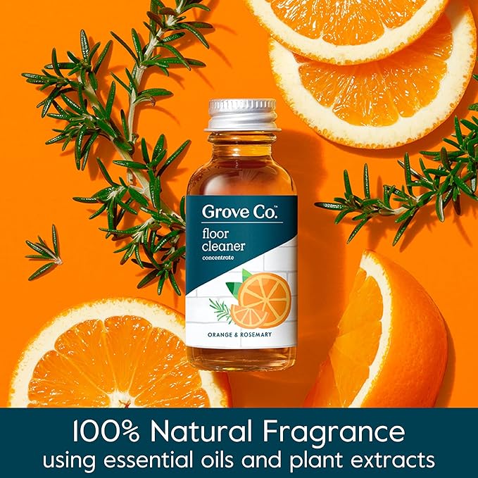 Grove Co. Floor Cleaner Refill Concentrate (2 x 1 Oz) + 1 x Durable Glass Spray Bottle (16 Oz) Plant-Based Cleaning Supplies Bundle, No Plastic Waste, 100% Natural Orange & Rosemary Scent