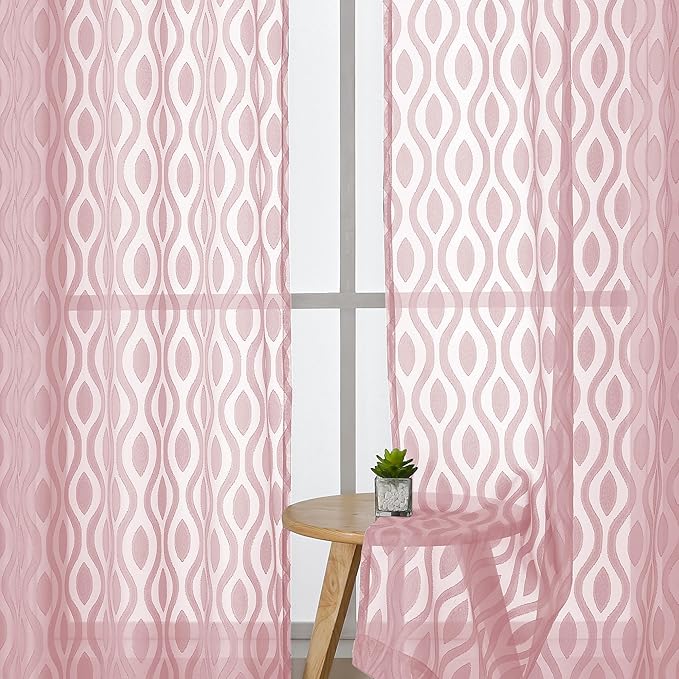 Aiyufeng Pink Curtains Kitchen 14 Inch Length, Clip Jacquard Chic Wavy Line Blush Valances for Windows, Lightweight Airy Rod Pocket Short Curtains for Bathroom Basement, 2 PCS, 40" Wx14 L Inches