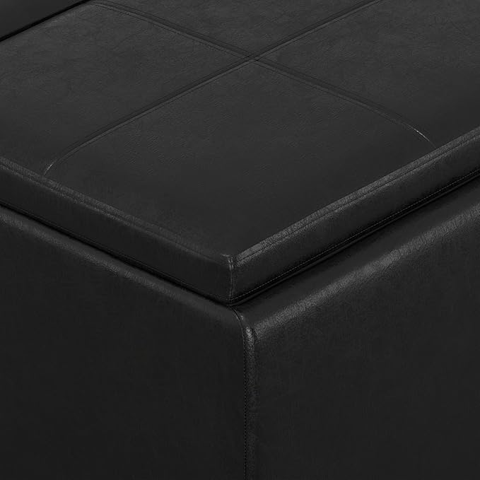 SIMPLIHOME Avalon 42 inch Wide Contemporary Rectangle Storage Ottoman in Distressed Black Vegan Faux Leather, Assembled, For the Living Room, Entryway and Family Room