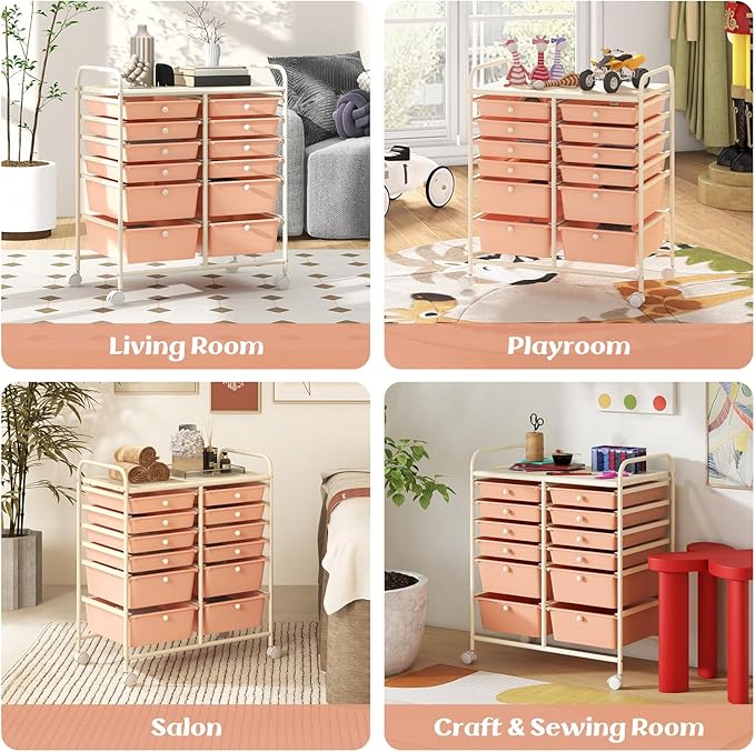 GOFLAME 12-Drawer Rolling Storage Cart, Multipurpose Organizer Cart with 2 Sizes Plastic Drawers, Mobile Utility Cart with Lockable Casters for School, Home Office, Beauty Salon, Peach Fuzz