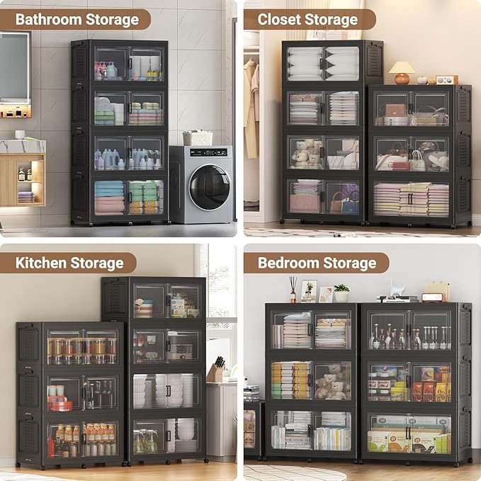 BROVIEW 52.7"H 150Gal Plastic Storage Bins with Lid & Wheels,3Pack Extra Large Stackable Storage Bins with Dividers,Closet Organizers and Storage Cabinet Collapsible Box Shelves for Home Kitchen,Black