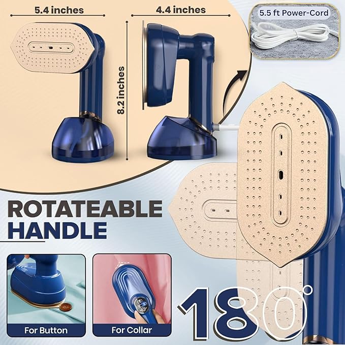 Humse Portable Steamer for Clothes – 2 in 1 Travel Steamer Iron For Clothes, Light Weight with 230ml Water Tank- 20s Heat-up 1050W garment steamer, Fabric Wrinkle Remover with 180° Handle (Blue)