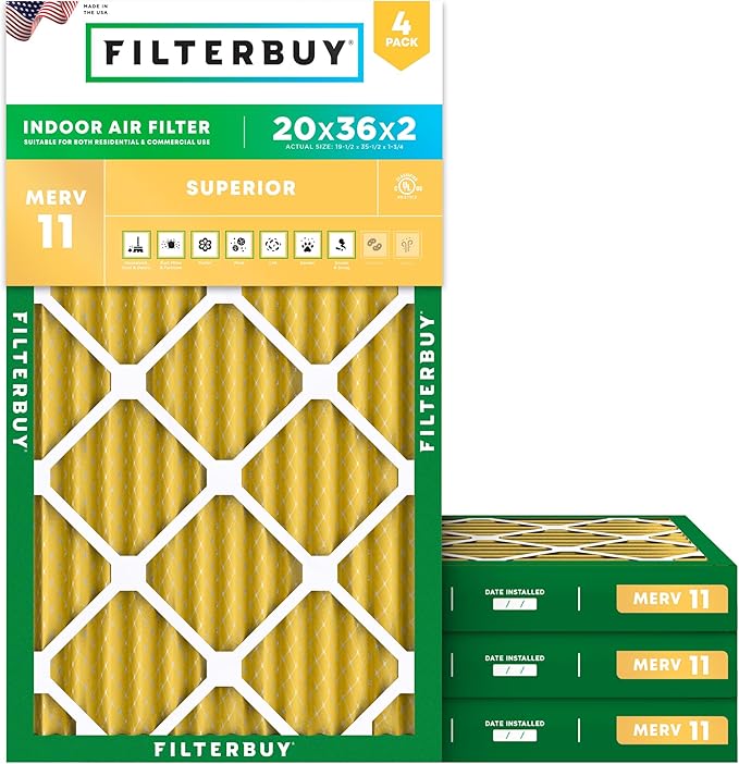 Filterbuy 20x36x2 Air Filter MERV 11 (MPR 1200) Allergen Defense Replacement (4-Pack), Electrostatic Pleated HVAC AC Furnace Filters, Made in USA (Actual Size: 19.50 x 35.50 x 1.75)