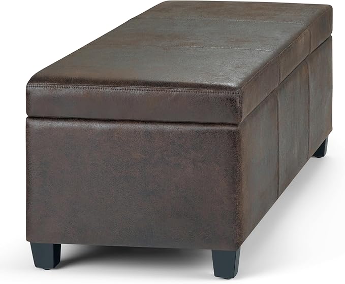 SIMPLIHOME Avalon 48 inch Wide Contemporary Rectangle Storage Ottoman Bench in Distressed Brown Vegan Faux Leather, Assembled, for the Living Room, Entryway and Family Room