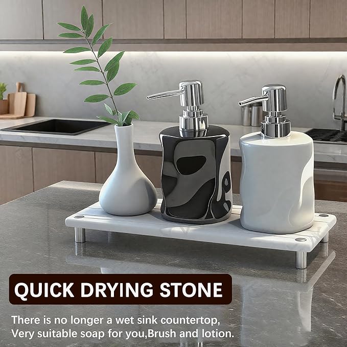 Quick Dry Sink Caddy Kitchen Sink Organizer, Water Absorbing Stone Tray for Sink, Stone Drying Tray, Diatomite Faucet Mat & Protector, Dispenser Sponge Holder, Stone Soap Tray for Bathroom Counter