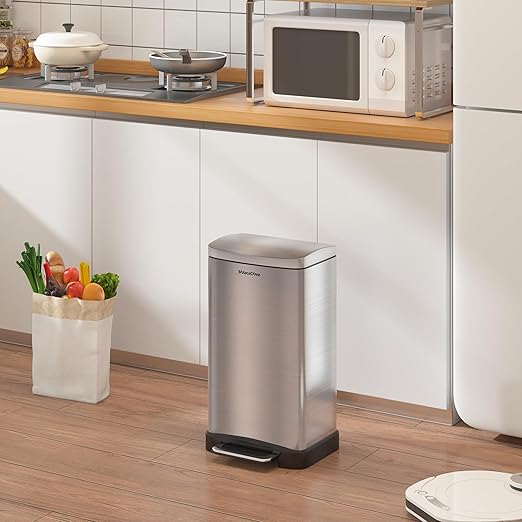 30 Liter/8 Gallon Step Trash Can with Inner Liner,Large Step Trash Bin with Silent Close Lid,Fingerprint Resistant Finish(Brushed Gray)