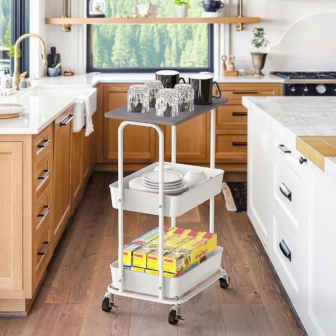 Simple Houseware 2-Tier Rolling Utility Cart with Lockable Wheels and Wood Top, Metal Storage Organizer Trolley for Kitchen, Bathroom, Office, Craft Room, Grey