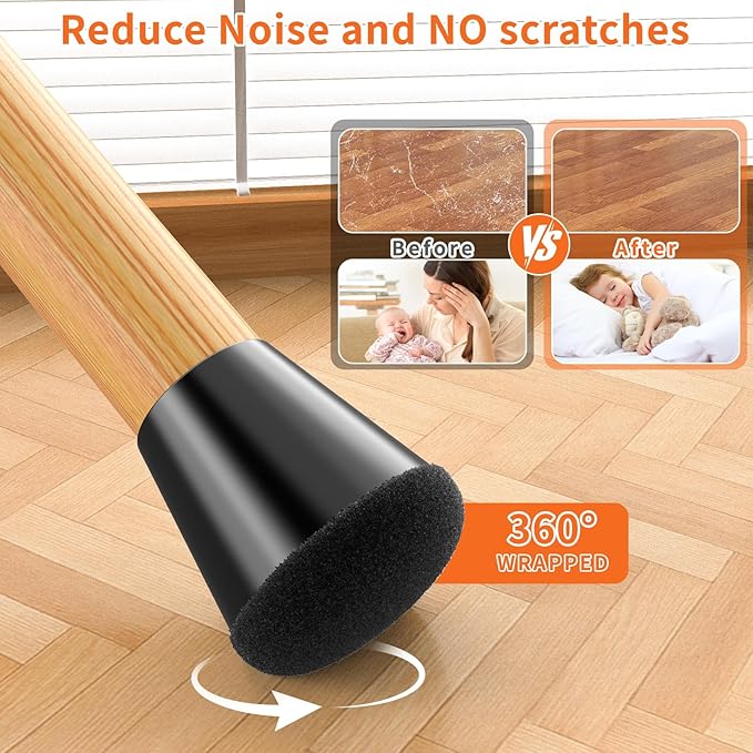 Chair Leg Floor Protectors Medium 24Pcs,Silicone Chair Leg Protectors for Hardwood Floors/Tiles,360°Wrapped Felt Bottom to Prevent Scratch and Reduce Noise, Round Black