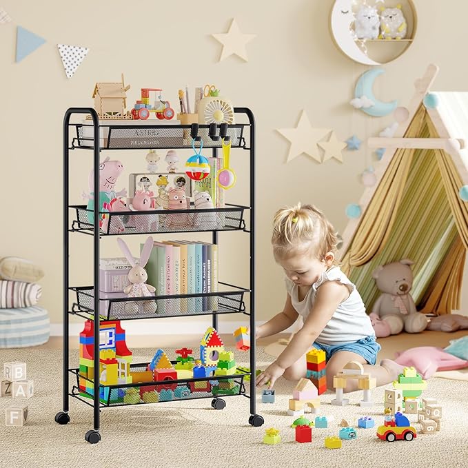 TOOLF 4-Tier Rolling Cart, Metal Utility Cart with 3 Hooks, Easy Assemble Mobile Storage Trolley On Wheels, Metal Shelving Units Kitchen Bathroom Laundry Room
