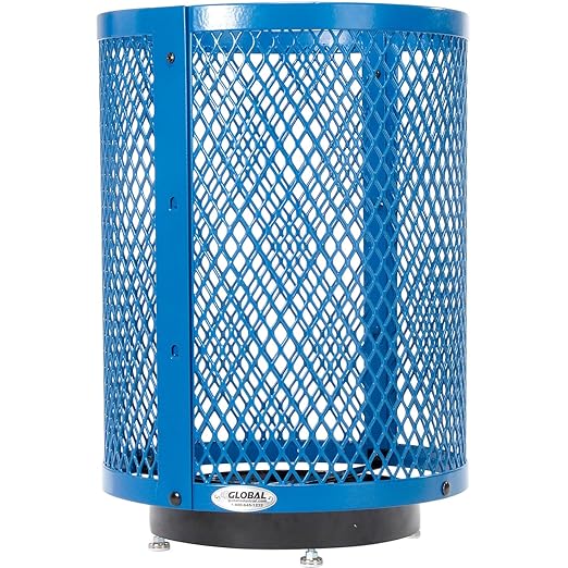 Global Industrial Outdoor Diamond Steel Trash Can with Rain Bonnet Lid, Raised Base and Plastic Liner, 36 Gallon Capacity, Blue, Thermoplastic Coating, 23-1/2" Diameter, 43-1/2"H