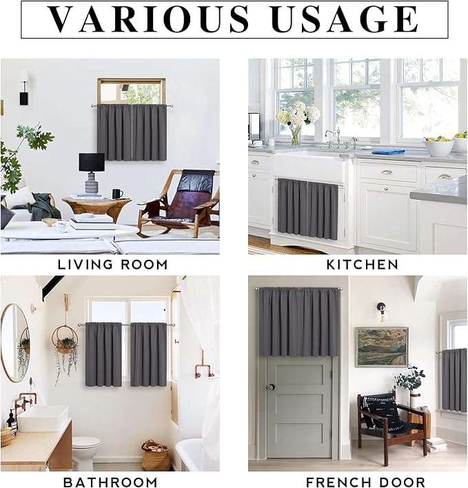 RYB HOME Short Curtains for Living Room Blackout Portable Blinds Shades for Bedroom Bathroom Basement Garage RV Camper Windows, 34 inches Width x 36 inches Length, Grey, 2 Pcs