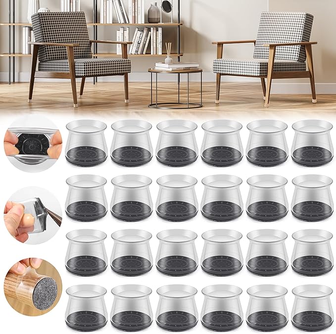 24PCS Upgraded Silicone Chair Leg Floor Protectors for Hardwood Floors, Furniture Sliders for Chair Legs, Felt Bottom Furniture Pads, Anti-Slip Round&Square Cap Covers to Scratch and Reduce Noise